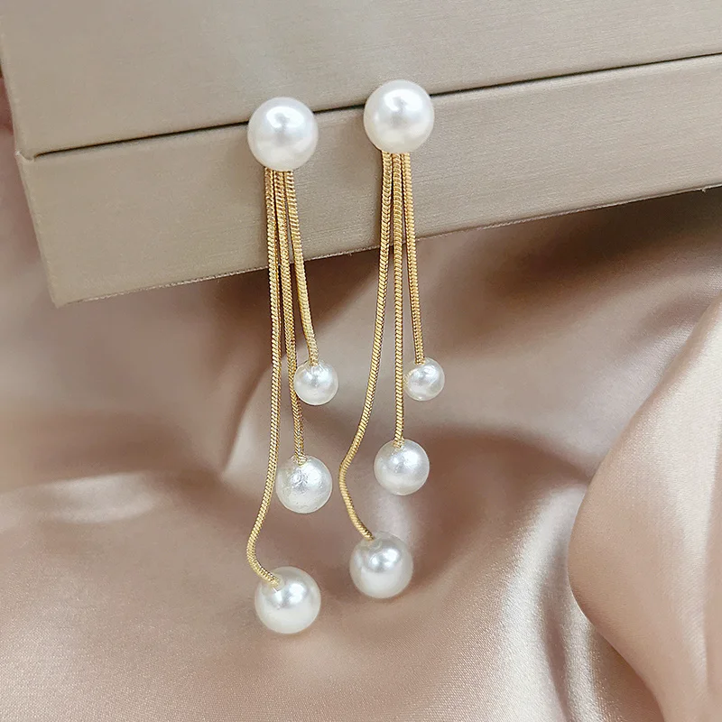 

New Long Tassel Earrings Temperament Women Dangle Earrings Simulated Pearl Pendants Drop Earrings Engagement Ear Jewelry