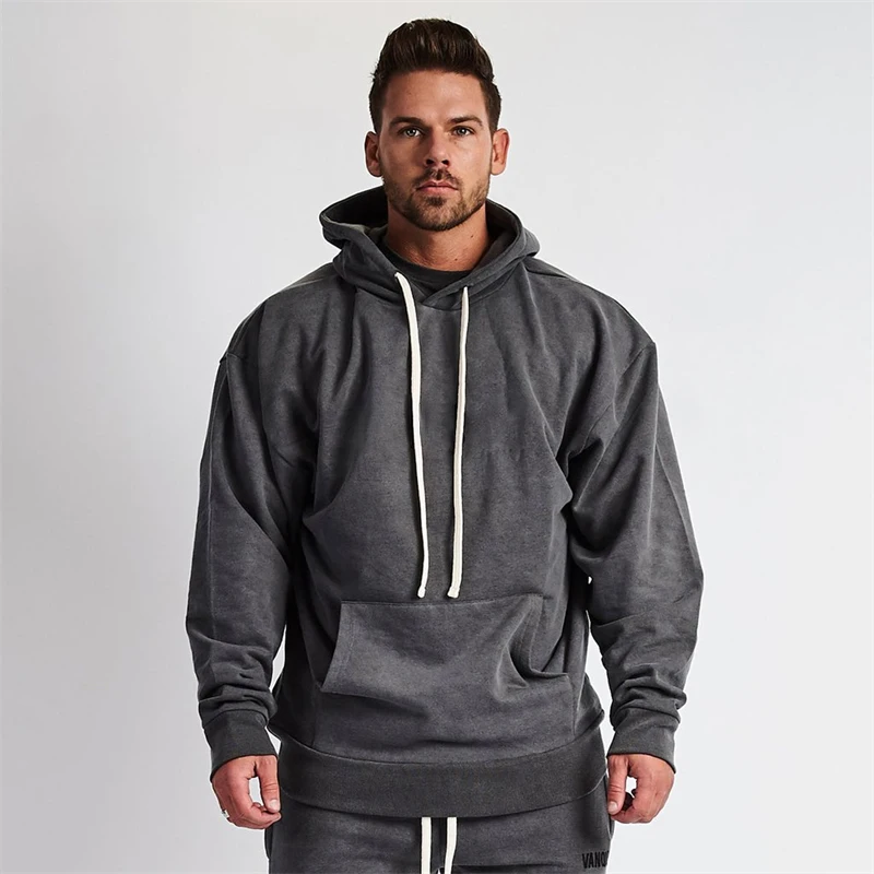 

Spring Autumn New Cotton Pullover Hoodie Loose Solid Color Streetwear Casual Menswear Joggers Gym Bodybuilding Sportswear