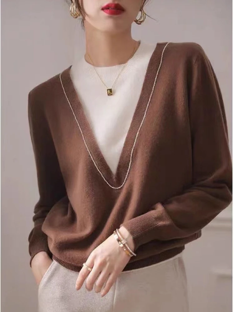 

Свитер женский модный топ 2022 женский осенне-зимний вязаный пуловер с прострочкой Свободный теплый базовый Свитер оверсайз