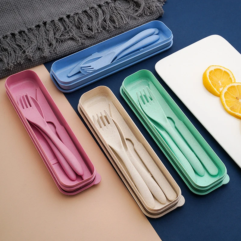 

Portable Cutlery Set Dinnerware Set High Quality Wheat Straw Fork Spoon Chopsticks Travel Flatware With Box Kitchen Accessories
