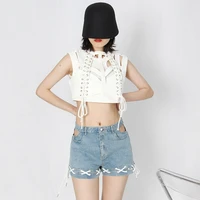 ins american street hot girl wind vest 2022 spring and summer stand up collar white lace hollow backless strap tube top