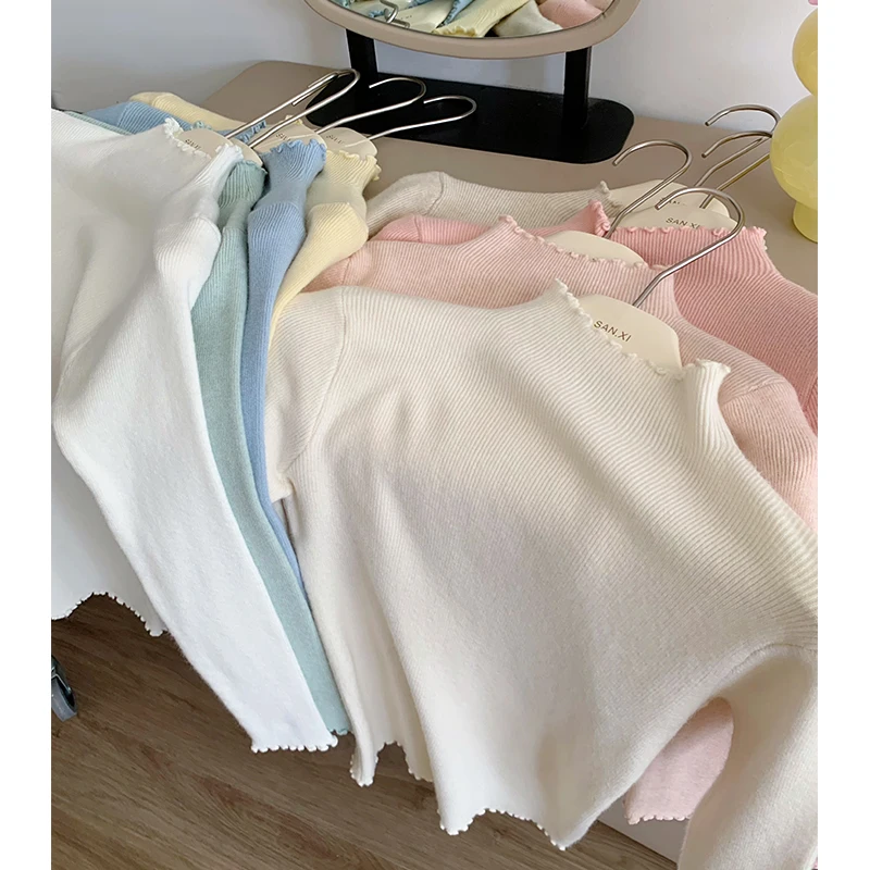 Тринадцать линий кружевной вязаный базовый свитер с полувысоким воротником