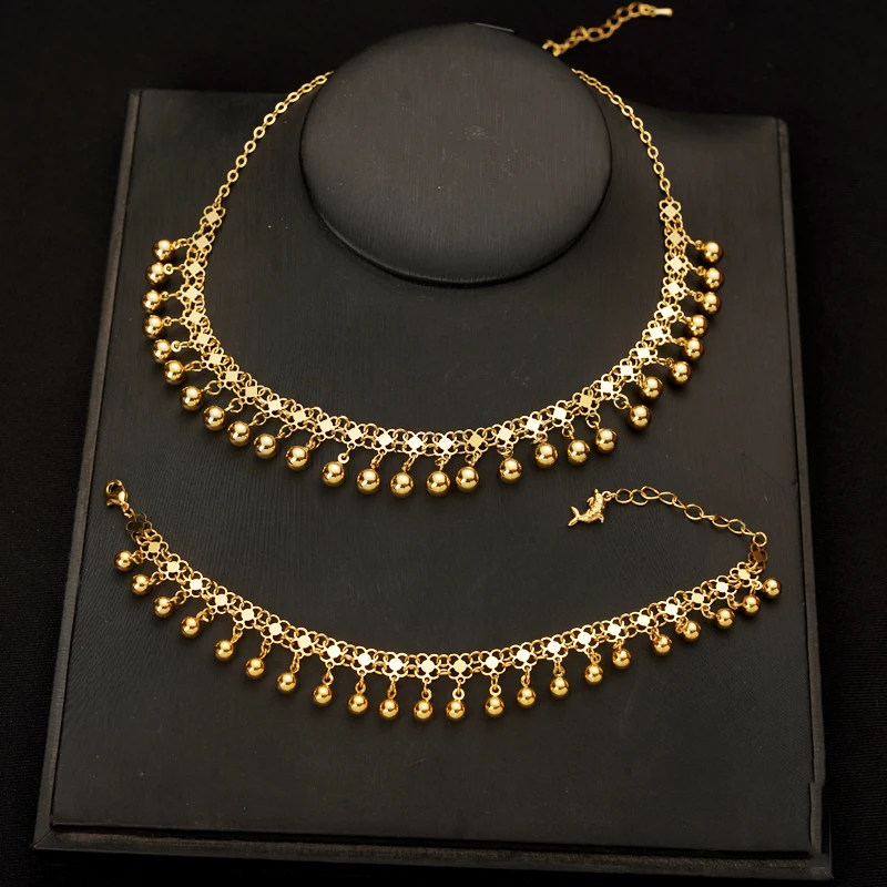 

New Wedding Jewelry Tassel Necklace Earring Set Turkish Women's Earrings Copper Material Beads Women's Gold Plated Bracelet