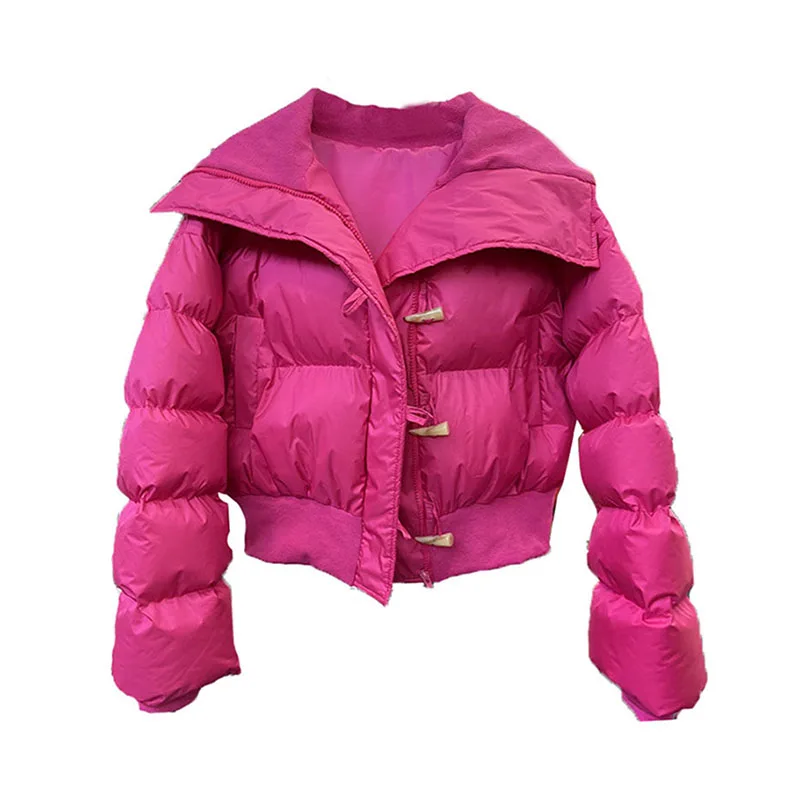 

European Fashion Large Lapel Winter Jacket Women Clothes Cowl Button Patchwork Cotton Jacket