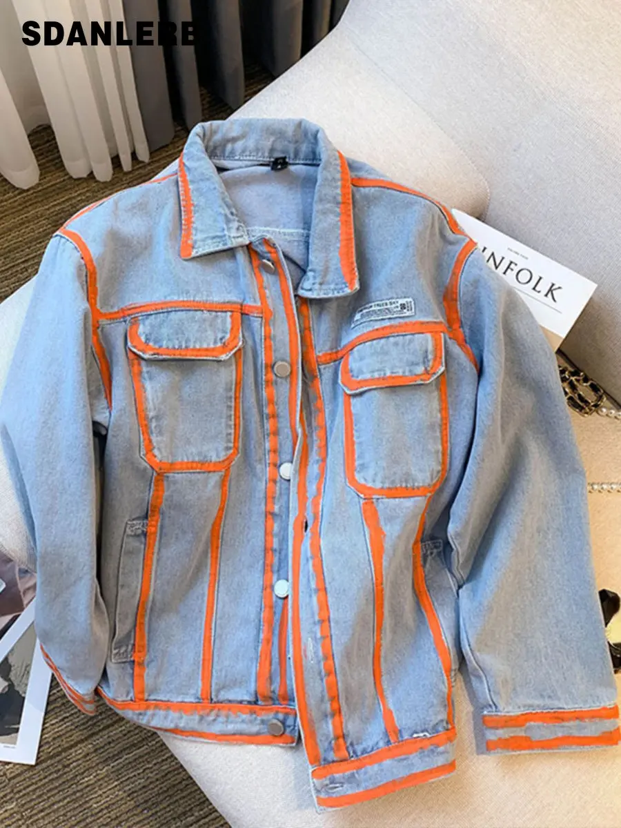 

Spring Autumn New Retro Contrast Color Jean Coat Heavy Industry Design Sense Niche Loose Denim Short Jacket Top for Women