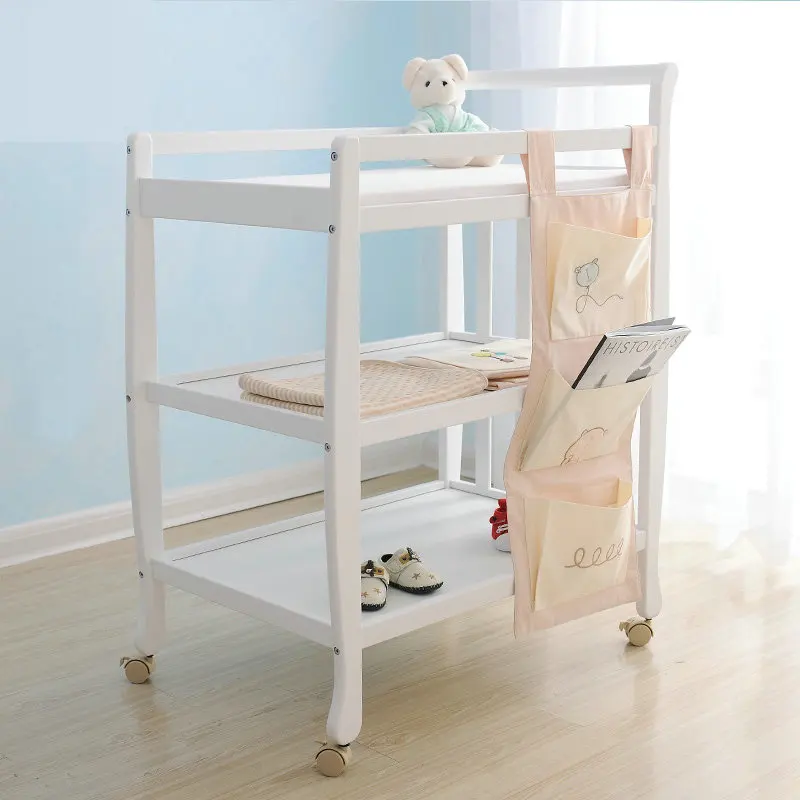 Multi-Functional Baby Crib Changing Table, Solid Wood Portable Diaper Station Shower Rack With Mattress