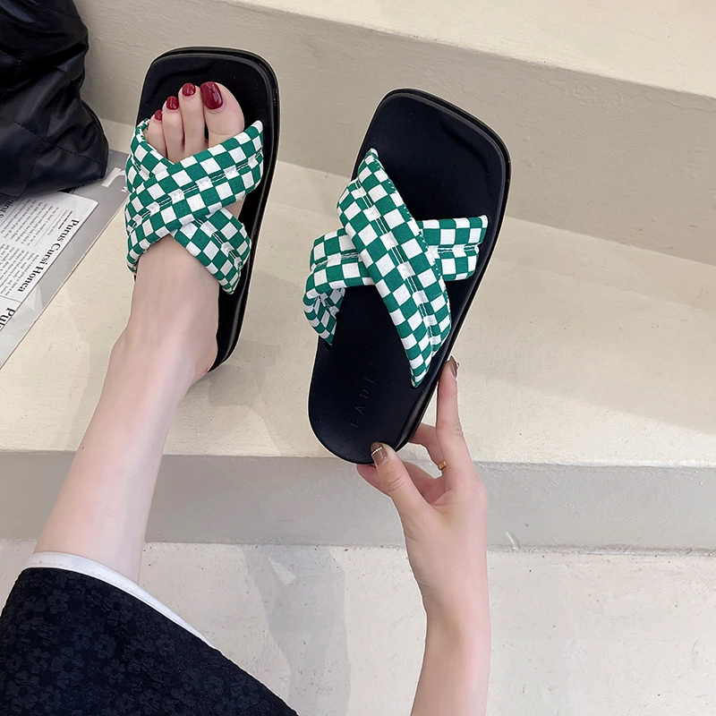 

Beach Shoes Slippers Flat Slides Slipers Women Platform Fashion Sabot 2022 Summer Luxury Fabric PU Rubber Basic Fretwork Cotton