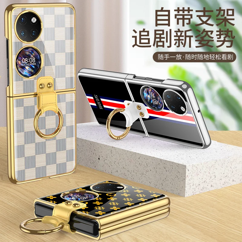 

2022 For Huawei P50 Pocket Case Colorful Plating Flower Metal Ring Shockproof Flip Case For Huawei P50 Pocket Back Cover Cell