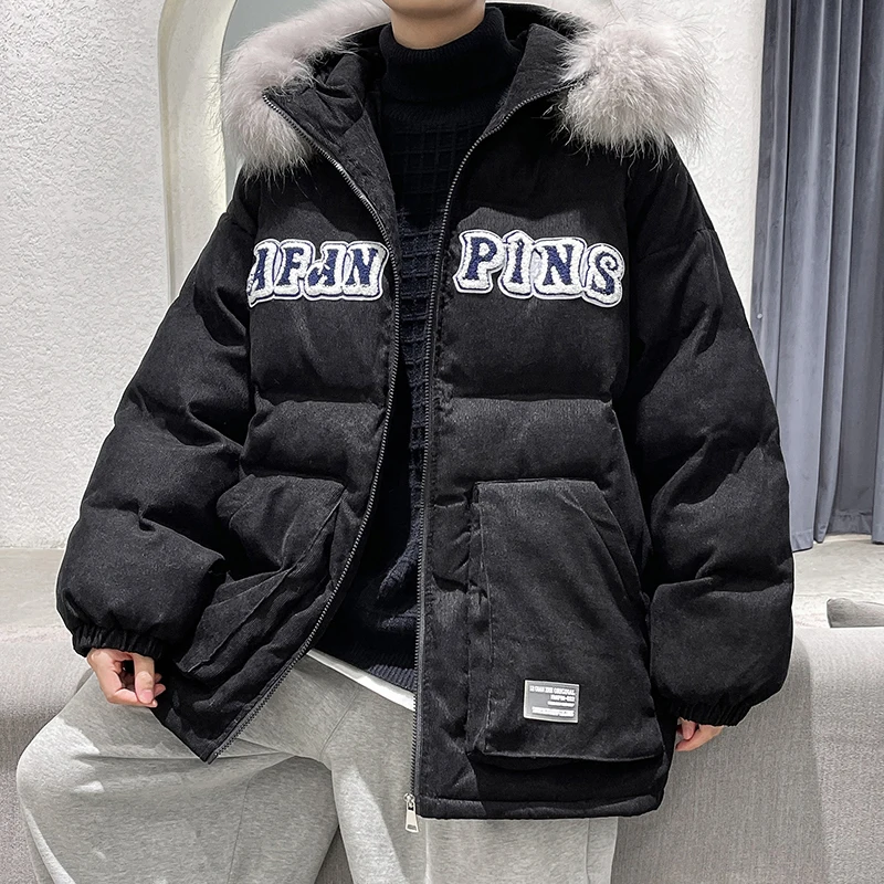 

Winter Hooded Down Jacket Men Thicken Warm Slim Parka Coat Letter Print Casual Outerwear Windproof Jacket Fur Collar Windbreaker