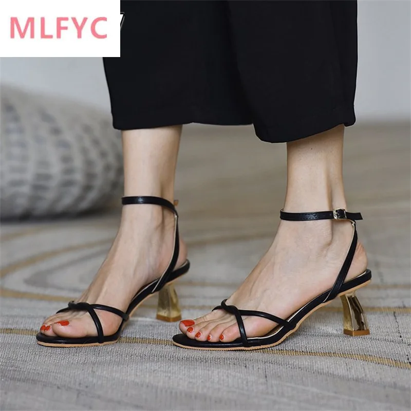 2022 new style square head thick heel with a word buckle women's sandals female fairy style metal high heels womens shoes