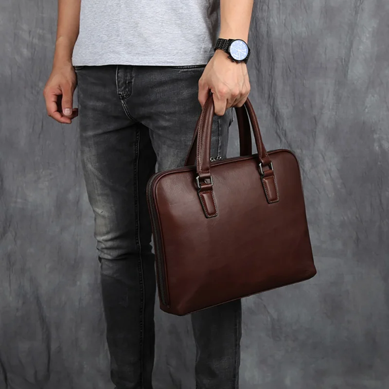 Genuine Leather Men's Briefcase With Zipper Vintage Handbag Man Business Shoulder Messenger Bag 14 Inch Laptop Tote Bag For Men