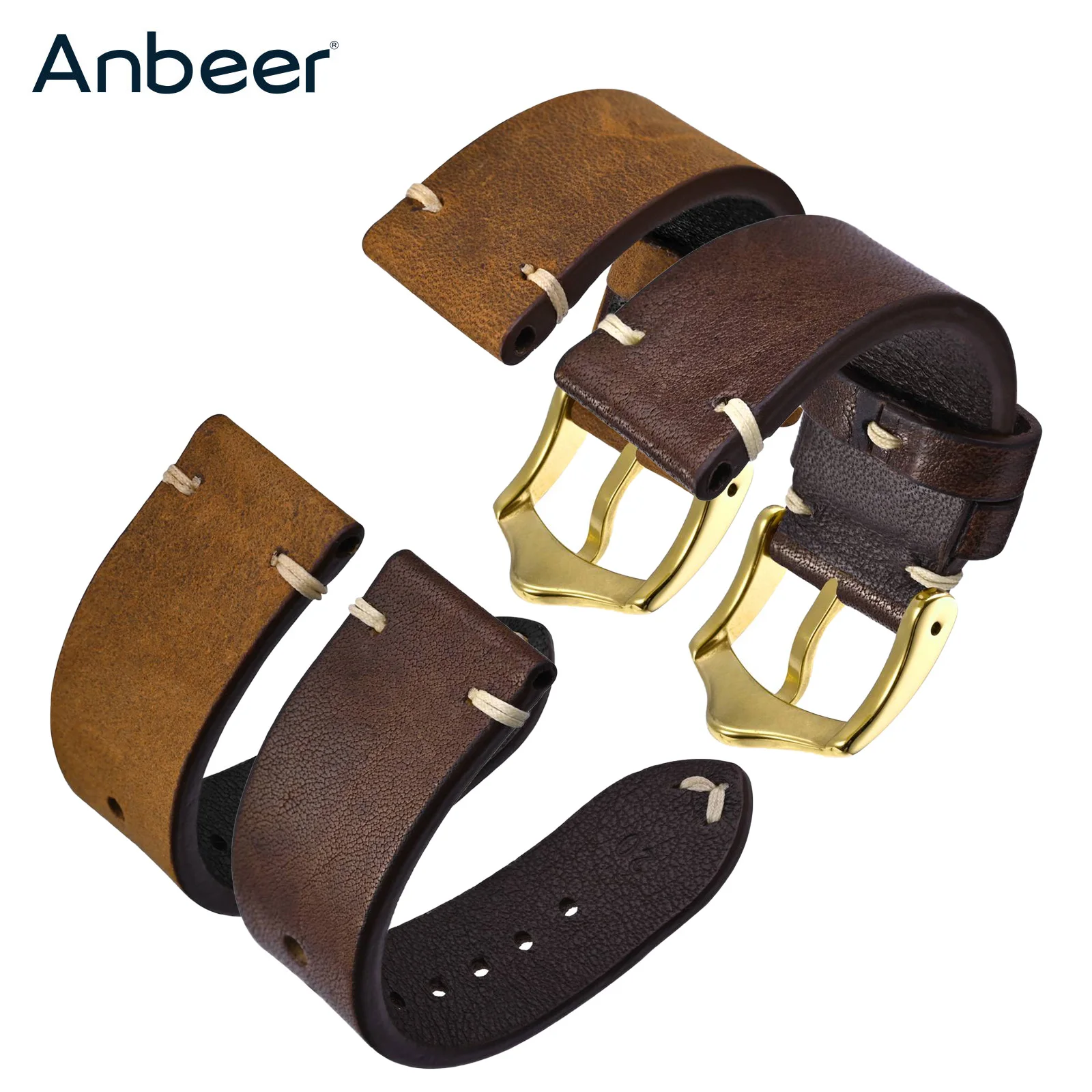 

Anbeer Genuine Leather Watch Strap 18mm 19mm 20mm 21mm 22mm Premium Watchband Bracelet Replacement with Gold Buckle