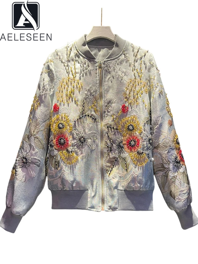 

AELESEEN Runway Fashion Women Autumn Winter Jacket Luxury Beading Crystal Flower Print Embroidery Jacquard High Street Coat