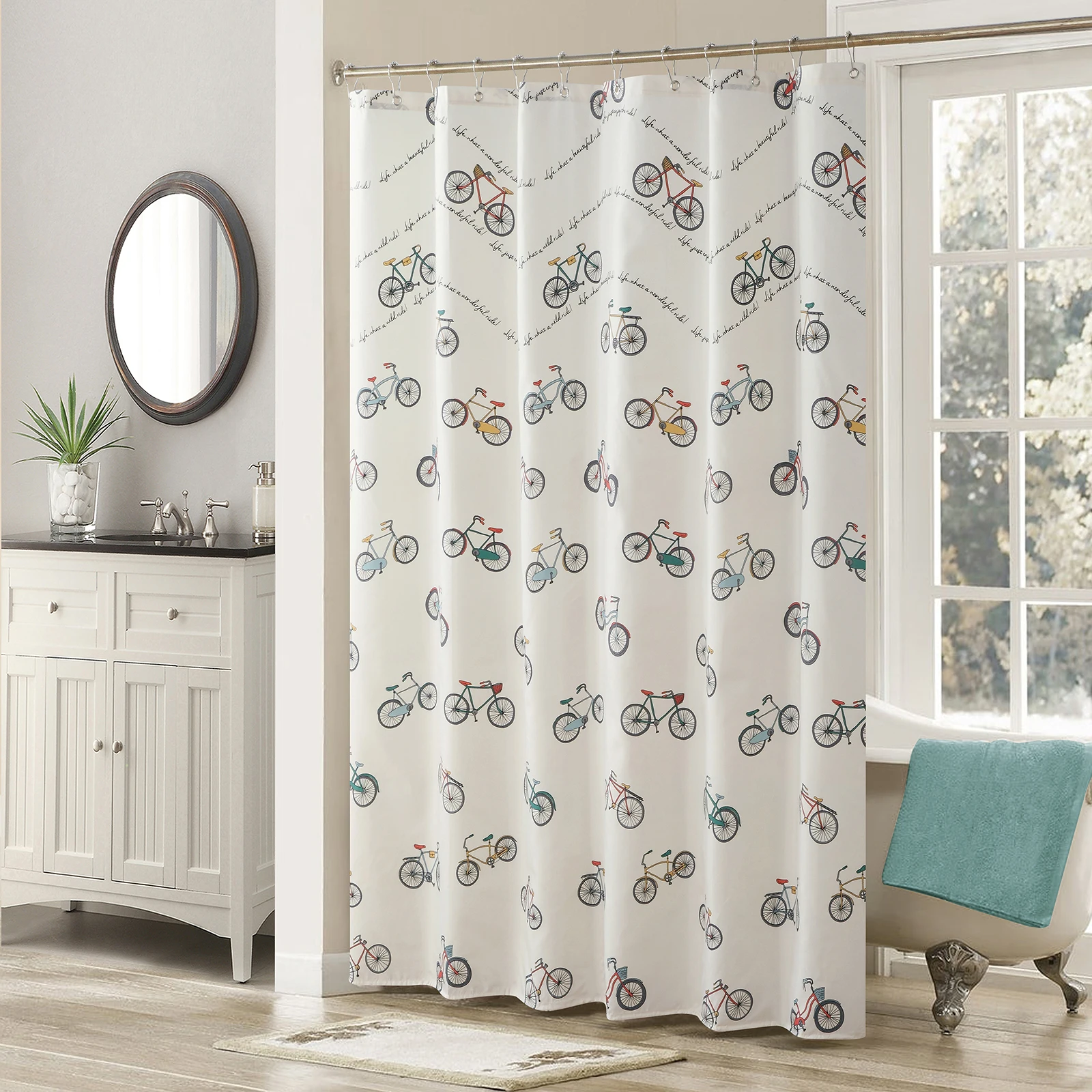 

Milo Kids Cute Bicycle Polyester Waterproof Printed Fabric Cream Decoratived Ivory Lovely Toys Shower Curtain