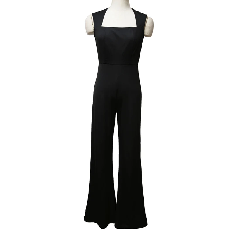 Summer Women High Waist Square Collar Long Jumpsuits Sexy Sleeveless Black Romper Jumpsuit New Indie Offical Lady Slim Jumpsuit
