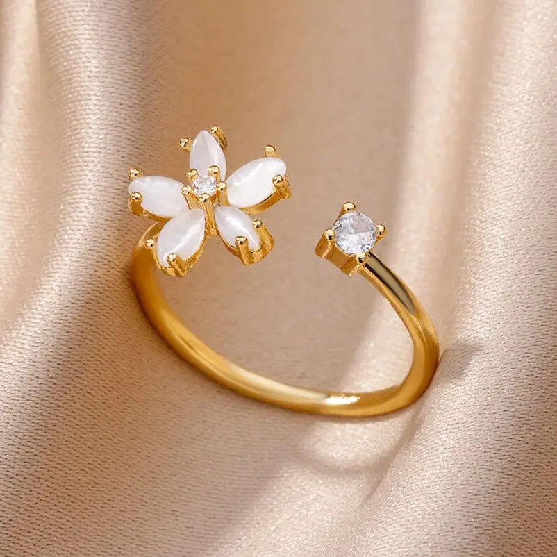 

Opal Daisy Flower Rings for Women Opening Adjustable Gold Plated Stainless Steel Ring Wedding Anillos Aesthetic Jewelry Gift