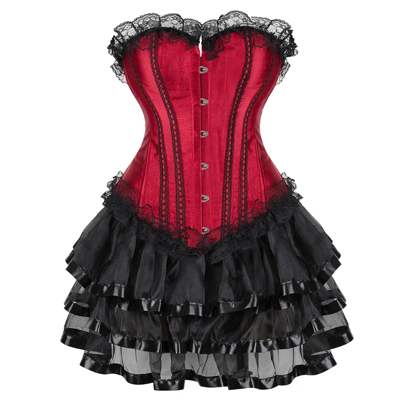 

Gothic Burlesque Corset Vintage Lace Satin Corset Top Mini Tutu Skirt Women Sexy Fashion Party Showgirl Sets Costume