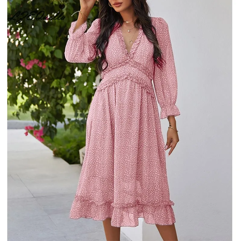 

Fashion Pink Floral Print Ruffles Dress Women Casual Vintage Boho V Neck High Wasit Long Sleeve Dress 2021 New Summer Vestidos