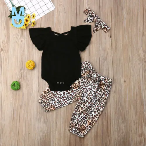 

New 3M-3Years 3PCS born Baby Girls Clothes Fly-Sleeve Tops+Leopard Long Pants Outfit Set