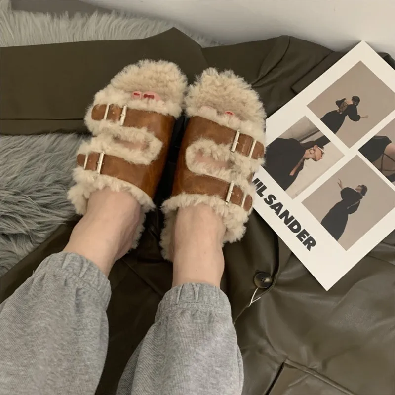 Mr Co Autumn Winter Womens Lambswool Slippers Double Belt Platform Flat Heels Buckle Shoes Soft Plush Outerwear House Slides