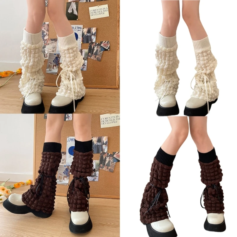 Women Bow Lace Up Puff Leg Warmers Girls 80s Harajuku Punk Knee High Leg Socks Preppy Stockings Gothic Clothes