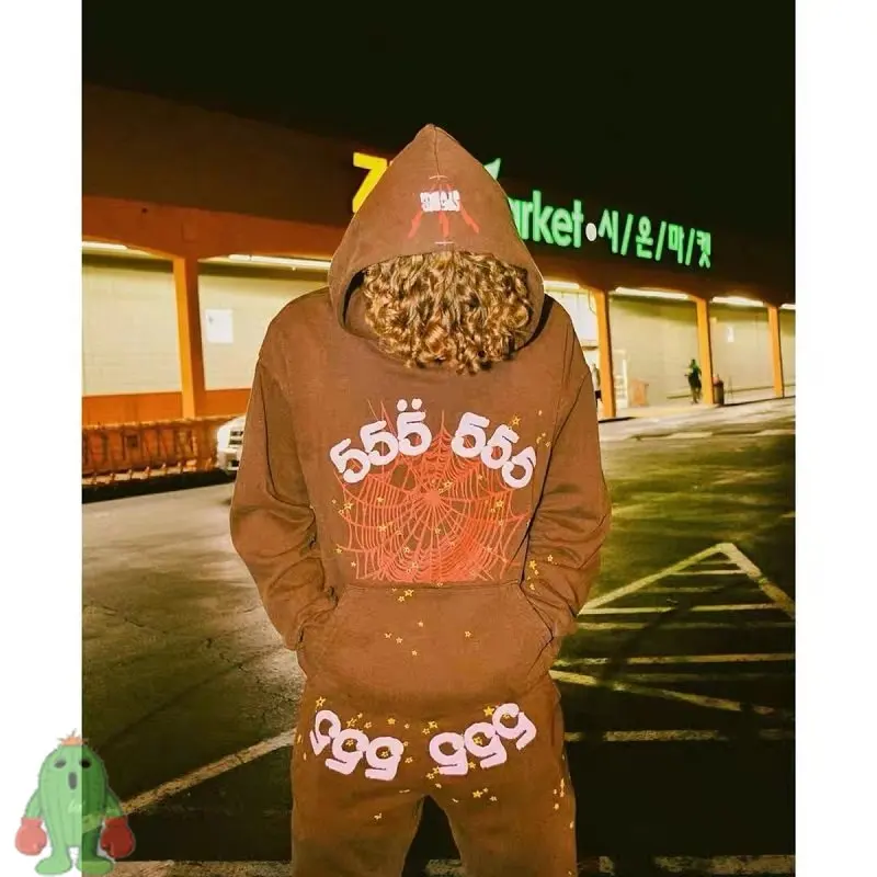 

High Street Suit Young Thug Sp5der 555555 Brown Hoodies Spider Web Foam Print Men Women Sweatshirts Set