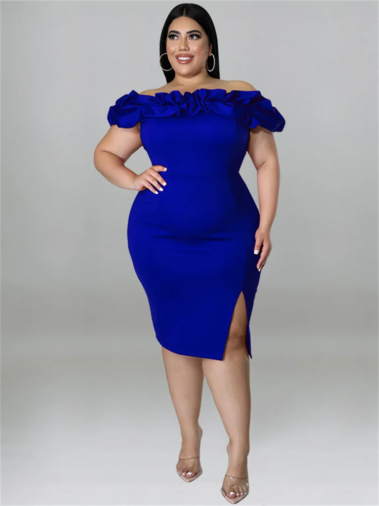 Plus Size Women Clothing Party Dresses Summer Ruffles Off Shoulder Solid Bodycon Elegant Midi Dress Sum 3xl 4xl 5xl 6xl