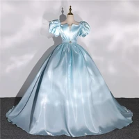 new puff sleeve prom dresses classic v neck ball gown luxury party dress elegant satin formal vestido de festa customize