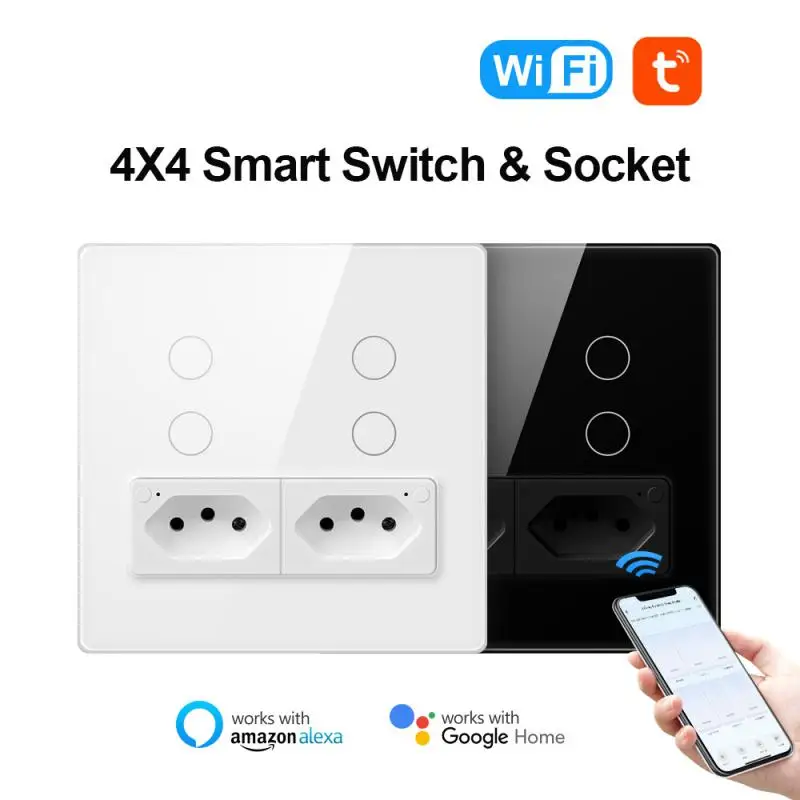 

Alexa Tuya WiFi 2.4GHz Brazil Wall Smart Switch Socket 4X4 Glass Panel 4 Buttons Switch And 16A Socket Works With Google Home
