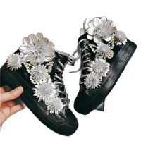 rhinestone women canvas shoes flat shoes high top manual 2022 new ladies canvas shoes 3d flower total black