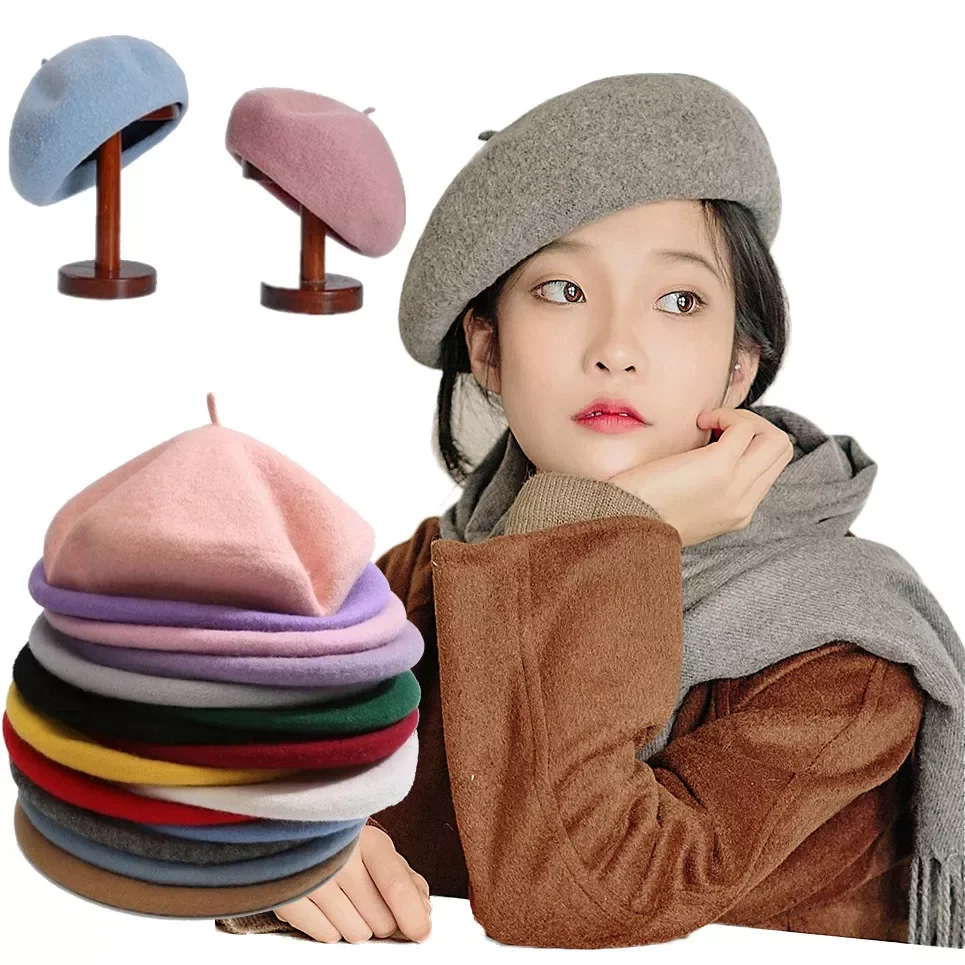 Style Solid Casual Vintage Women's Hat Beret Plain Cap Girl's Wool Warm Winter Berets Beanie Hats Femme Aldult Caps