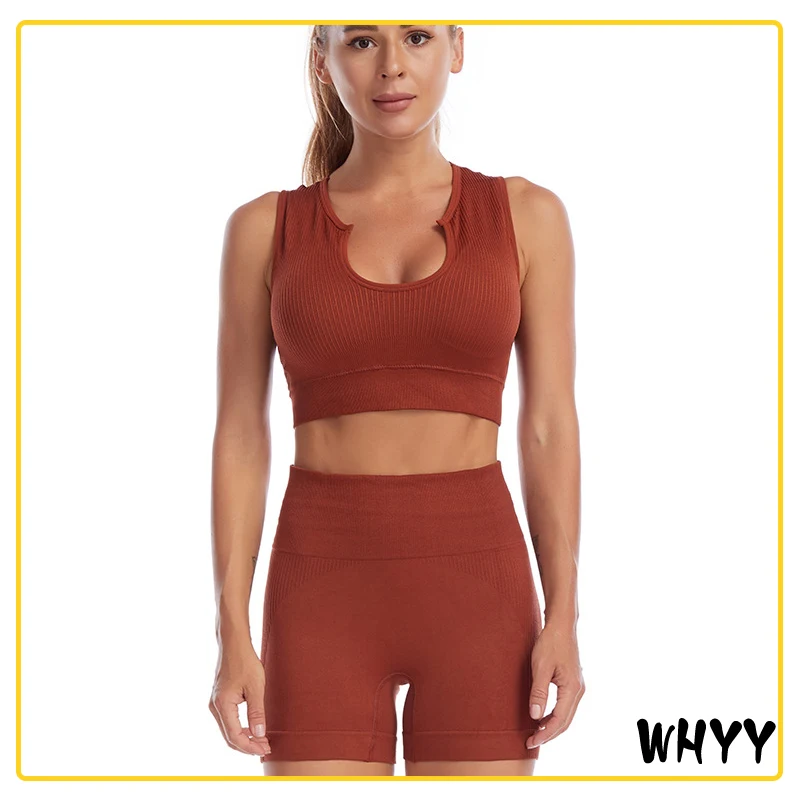 

WHYY Summer Seamless Women Yoga Sports Suit Fitness Sportswear Workout Clothes Short Sleeve Crop Top High Waist Shorts Gym Set