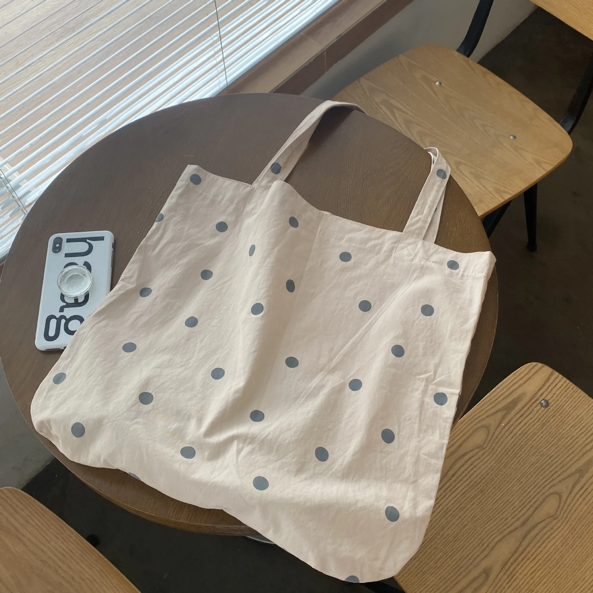 

Korean INS Dot Print Women Shoulder Tote Bag Cute Beige Canvas Shopper Bag For Girl Thin Cloth Books Handbag Ladies Shopping Bag
