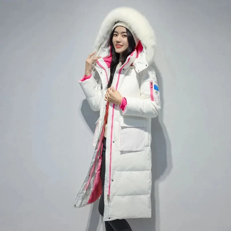 Down Jackets Female Winter 2022 New Thickened Big Hair Collar Long Knee Loose Pure Color Thin Warm White Duck Down Coats Women