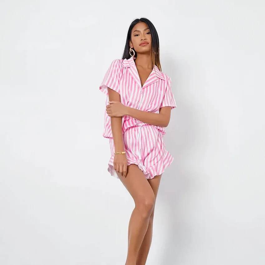 Women's Pajamas Pink Stripe Designer Pyjamas Pijamas Set Two Pieces Summer Spring Sleepwear Set Night Wear