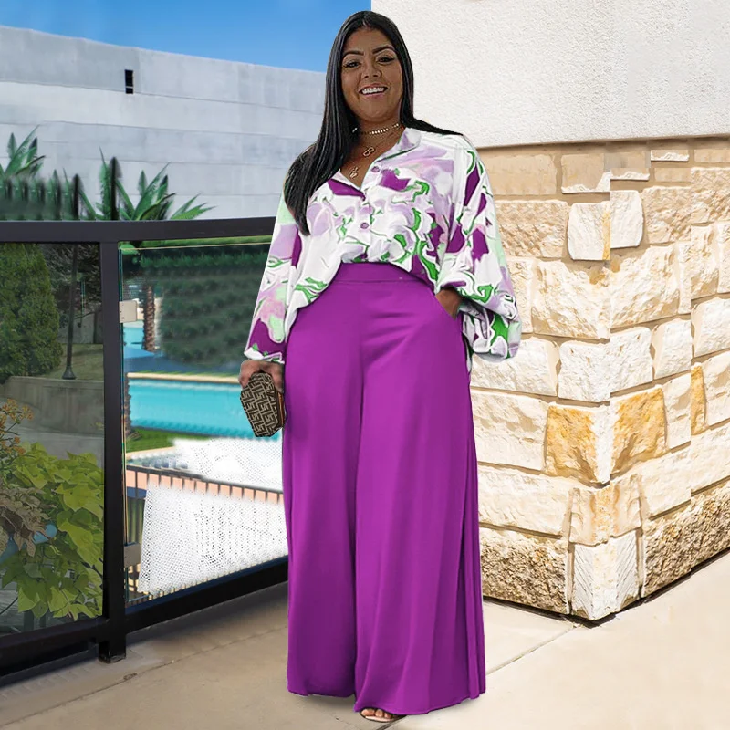 

Plus Size Two Piece Set Oversize Women's Loose Casual Print Shirt Top Wide Leg Pants Set Spring Fashion Ladies Commute Suit