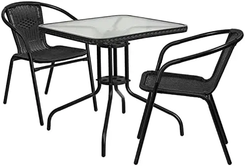 

28'' Square Glass Metal Table with Gray Rattan Edging and 4 Gray Rattan Stack Chairs