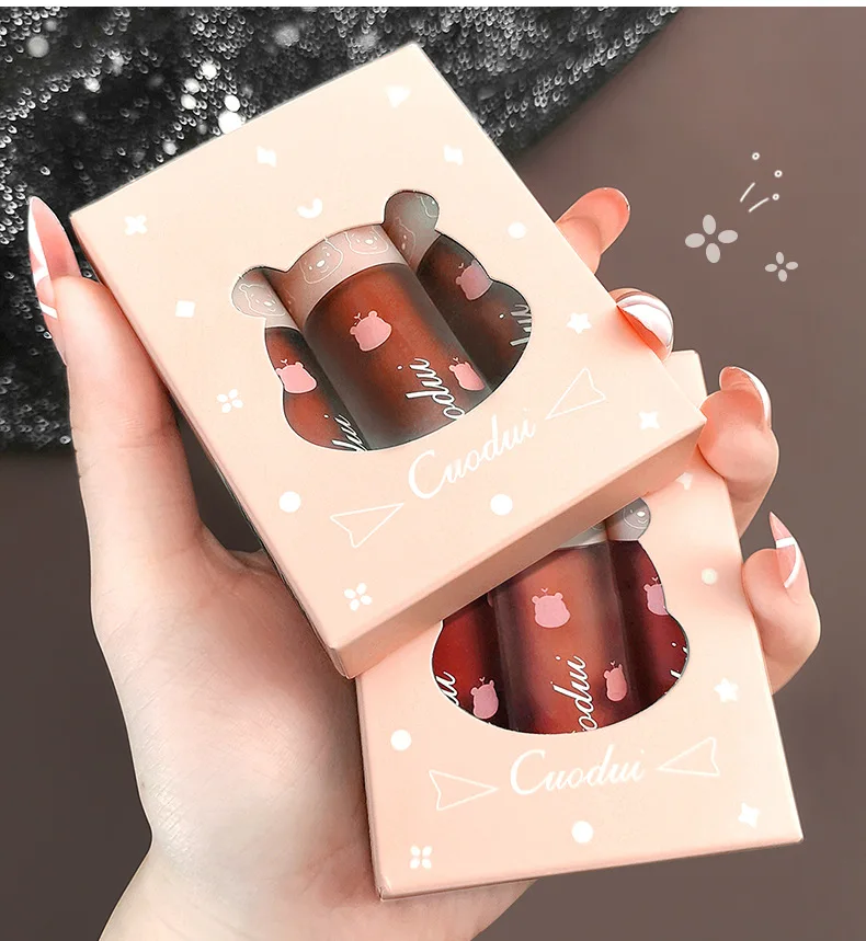 

Powder mist Bear continuous powder gauze lip mud Velvet matte lipstick natural makeup daily versatile lip glaze set