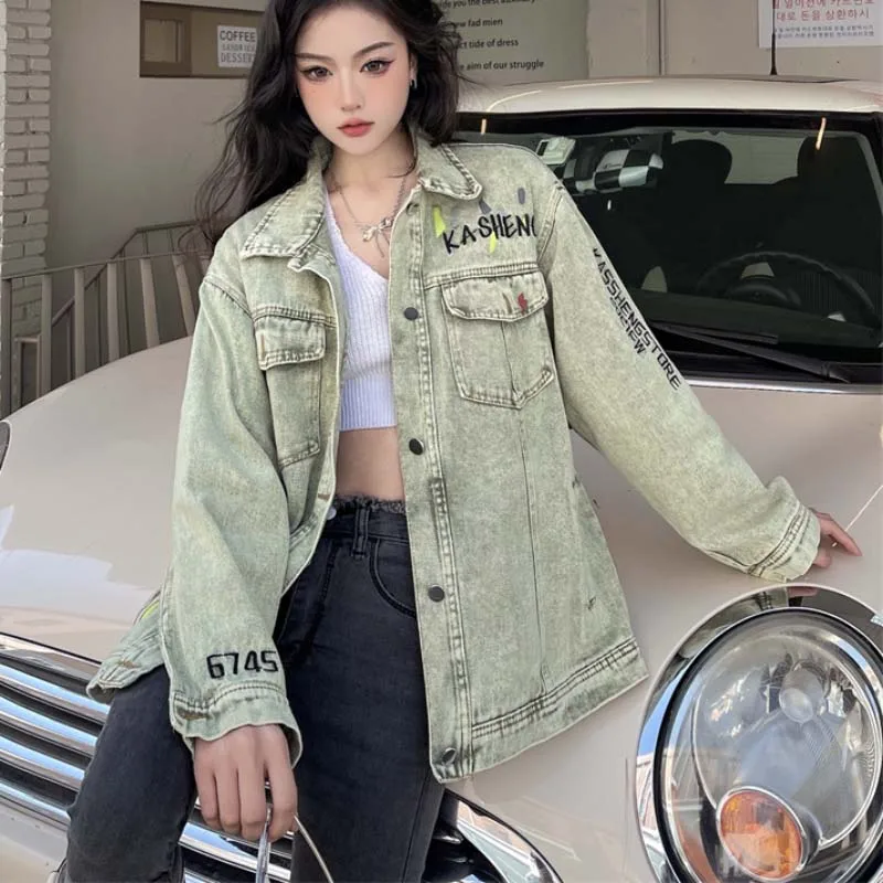 

Zoki Embroidery Women Denim Jacket Oversize Spring 2022 Hip Hop Streetwear Female Green Jeans Coats Vintage Japan Outwear