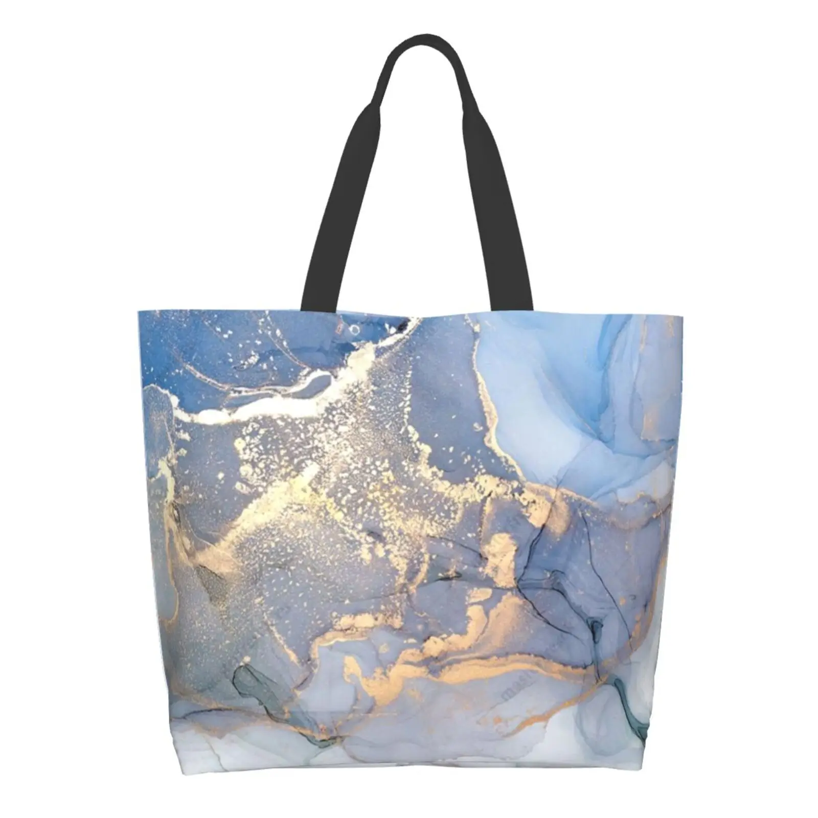 

Large Shopping Bags Tote Bag for Women Reusable Beach School Shoulder Shopper Sack Casual Canvas Shopping Bag Marble White Blue