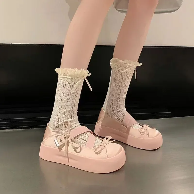 Женские туфли на толстой подошве с круглым носком милые балетки бантом женские