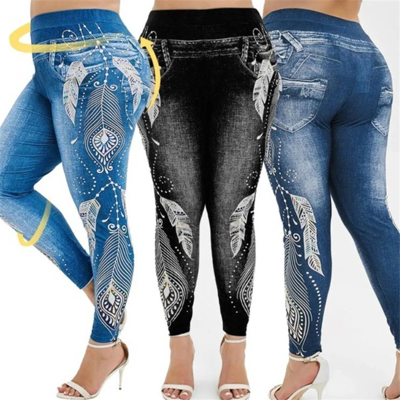 

Womens Leggings Imitation Jeans Floral Printing Elastic Waist Pencil Pants Jeggings Legging Ladies Sweatpants Trousers