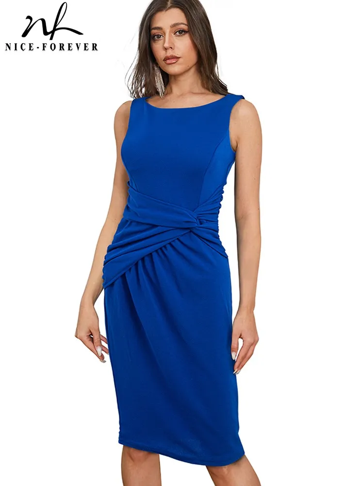 

Nice-forever Summer Women Elegant Solid Color Fold Plain Dresses Formal Business Vintage Bodycon Sheath Dress B716