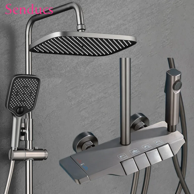 New Arrivals Luxury Piano Thermostatic Bathroom Shower Sets Gray Wall-mounted Brass Rainfall Bath Tub Faucet and Shower Set