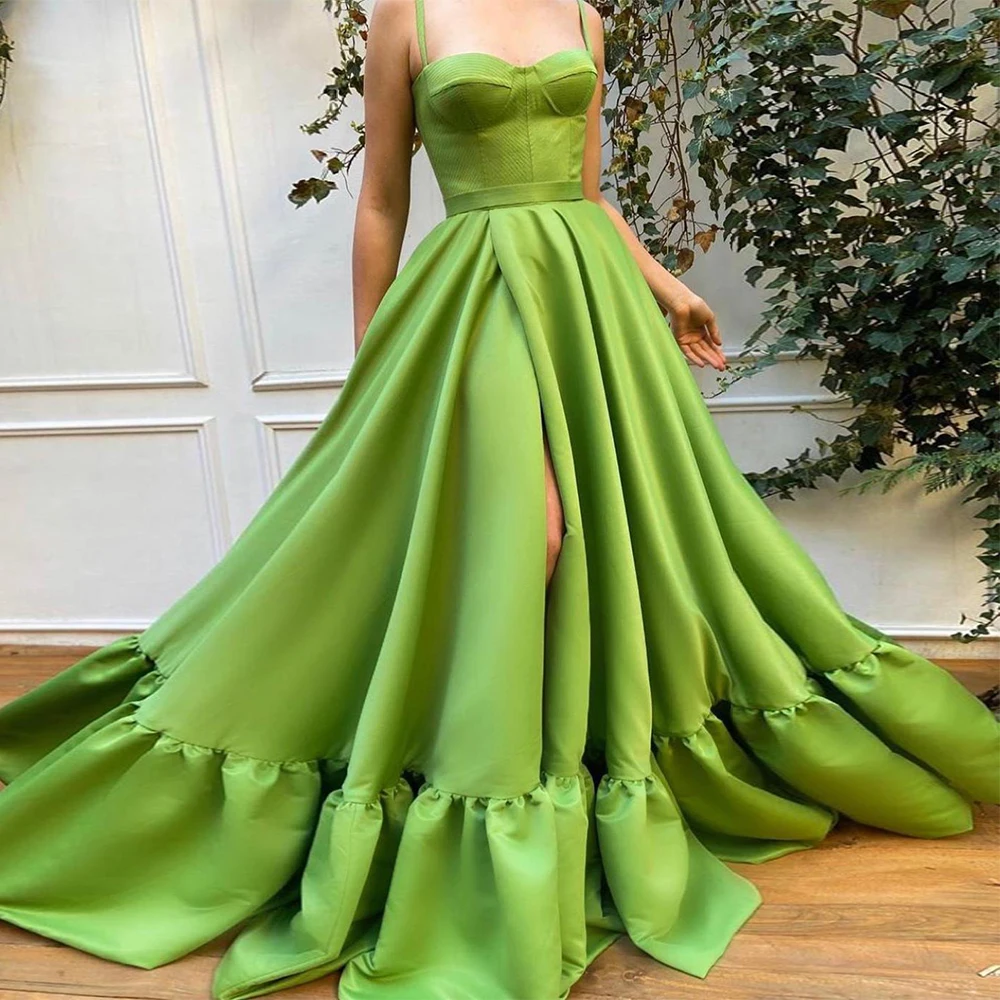 

Sexy Prom Dress Spaghetti Straps Backless Pockets A Line Modern Homecoming Dress Side Split Draped Sleeveless Green Prom Gowns
