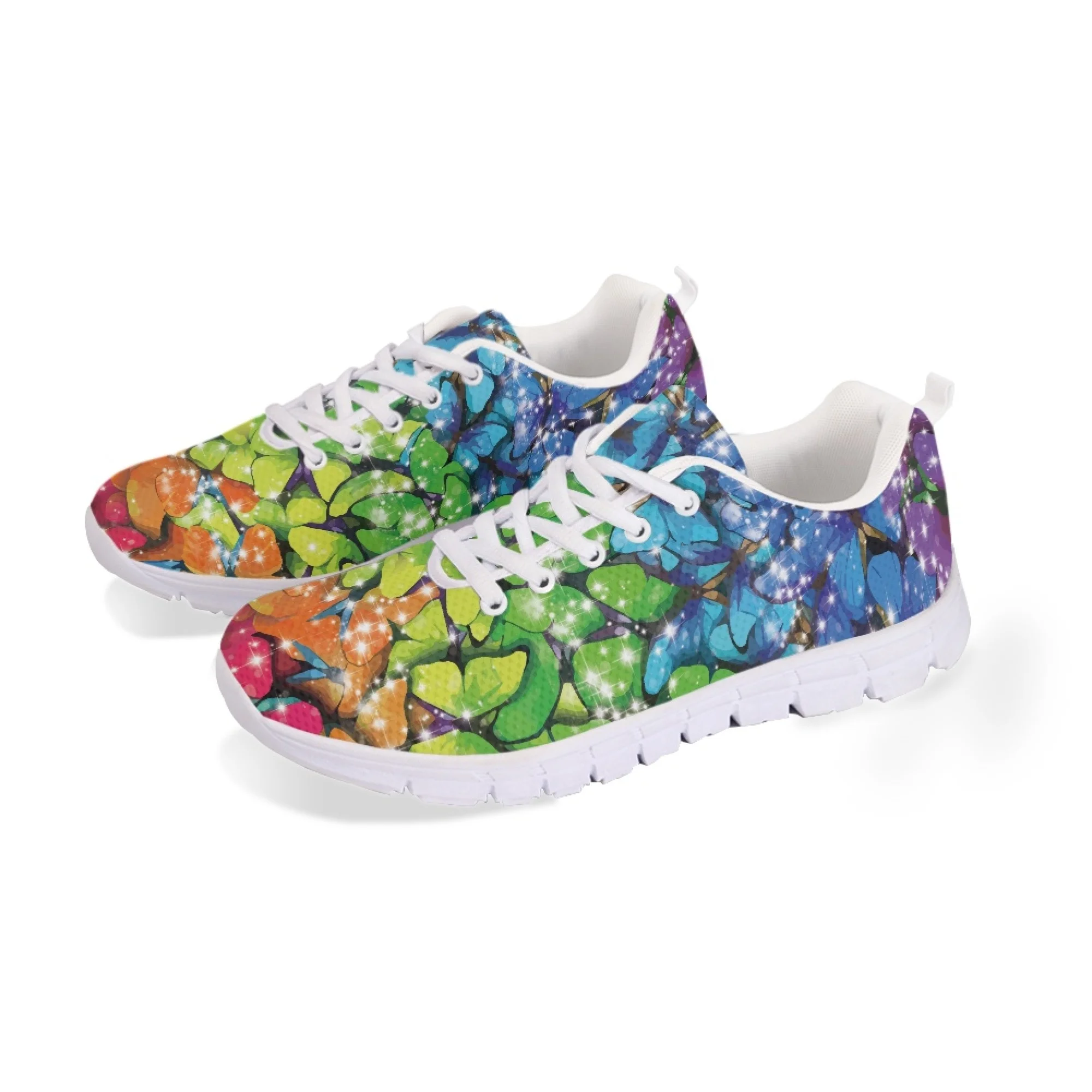 Yikeluo Casual Mesh Sneakers Woman Shoes Rainbow Butterfly Pattern Print Brand Design Lightweight Flats Walk Lace Up Footwear