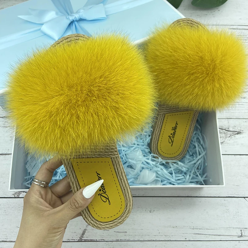 

Slides Women Summer Real Fox Fur Slippers Women Faux Espadrilles Flip Flops 2022 Ladies Natural Fur Sandals Luxury Furry Shoes