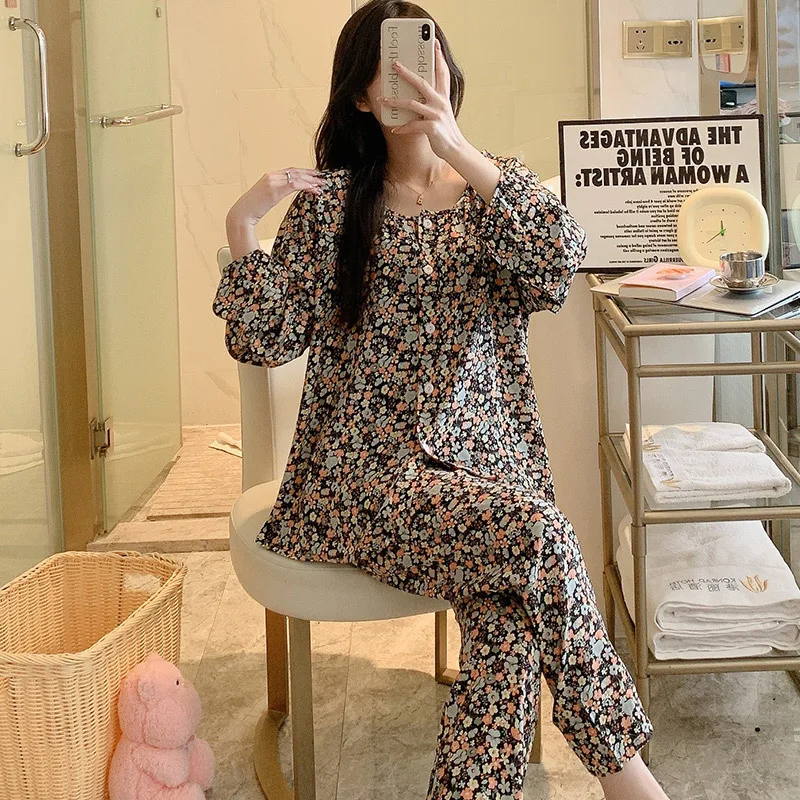 Ladies Pajamas Set Cotton Silk Long Sleeves Floral Cardigan Pijamas Sleepwear Sweet Pijamas Women