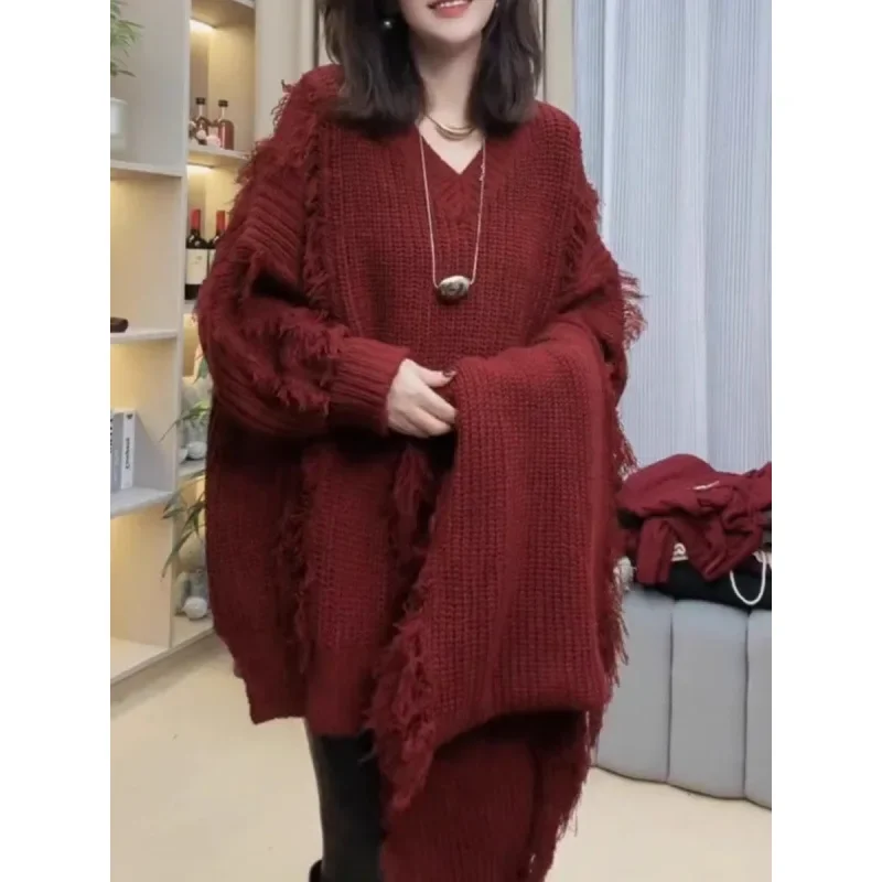 2024 Autumn Winter New Style V-Neck Pullover Sweater Loose Fit Long Sleeve Knitted Top Idle Fringed Design Casual Wear