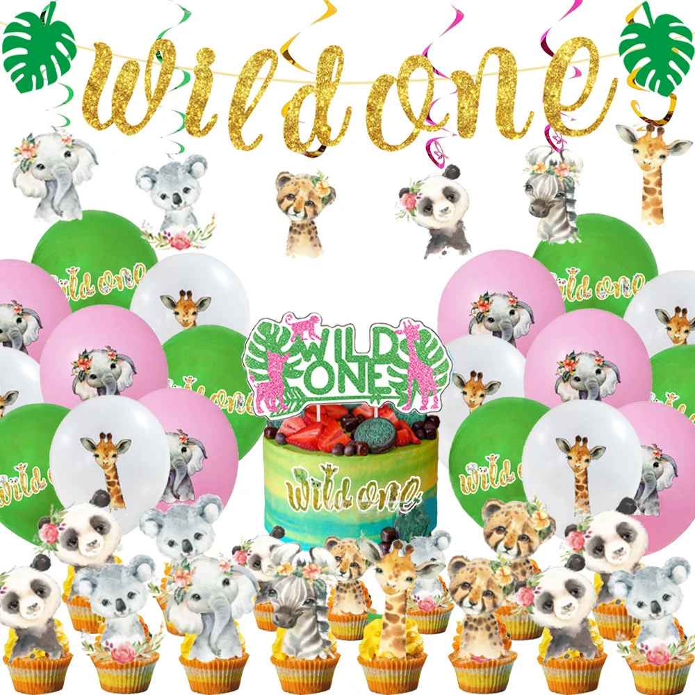 

SURSURPIRSE Jungle Theme Pink Green Print Latex Balloon Banner Panda Cake Topper Hanging Spirals for Birthday Party Decoration